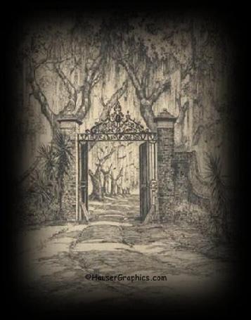 Elizabeth Verner's Gates of Fenwick, Charleston artist, pink house, Verner etching, verner sketch, Carolina plantations, Historic Gates of America, 