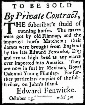 Edward Fenwick advertises his John's Island Stud Farm for Sale. 1788 