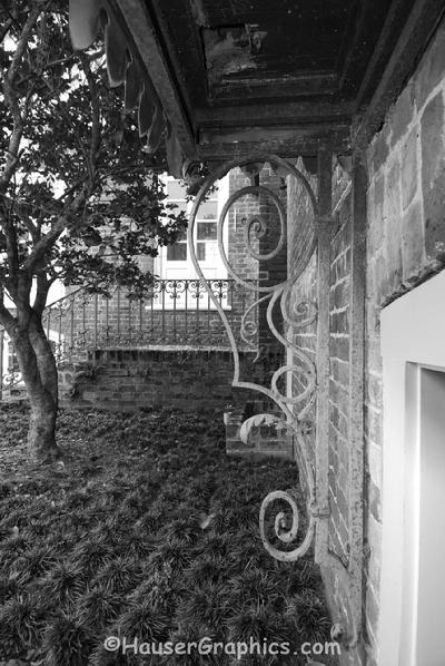 Fenwick Hall side entrance. Note wrought iron and copper awning.  Stono River Plantation. Godolphin Arabians imported by Edward Fenwick.  Photographer John R. Hauser.