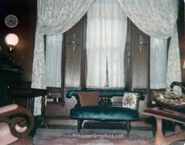 Palladian window of Fenwick Hall's music room as seen in1970's.  Hard to see the windows behind the window treatments.