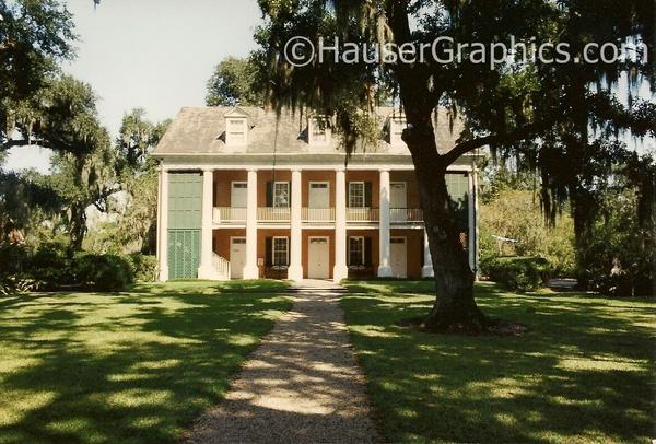 Another former Louisiana Plantation, "The Shadows on the Teche" in New Iberia. This plantation is similar to Fenwick (and many plantations) in that the Bayou or River side of the house is the 'front'.  This image of the Shadows shows it's rear land side.  Behind the green shutters on the left is the outside stair case.   The Shadows is not nearly as old as Fenwick, but still impressive.