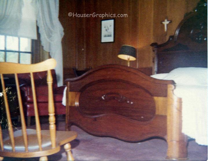 1970's SouthEast Upstairs bedroom which is in the oldest main section of the castle. Shown are more of the Blanchard's what would now be antique beds.  Note more of the heavily paneled walls.  Photographer John R. Hauser.